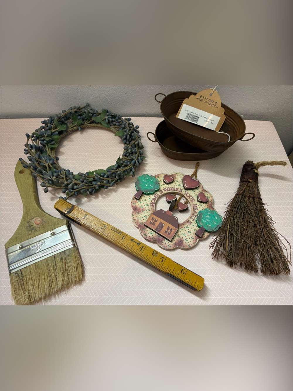 Inspirational Crafts - Blueberry Wreath, Carpenter Ruler, Rustic Tubs x2, Broom
